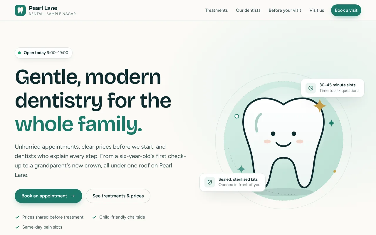 Screenshot of the Pearl Lane Dental concept build